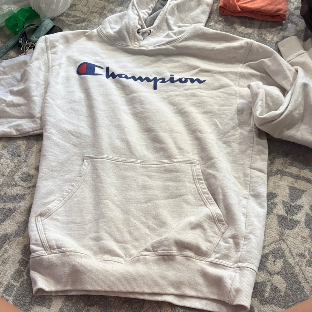 Champion Off-White Hoodie with Blue Logo